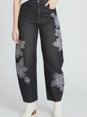 DRIFTWOOD Black Straight-Leg Jeans with Gray Floral Embroidery